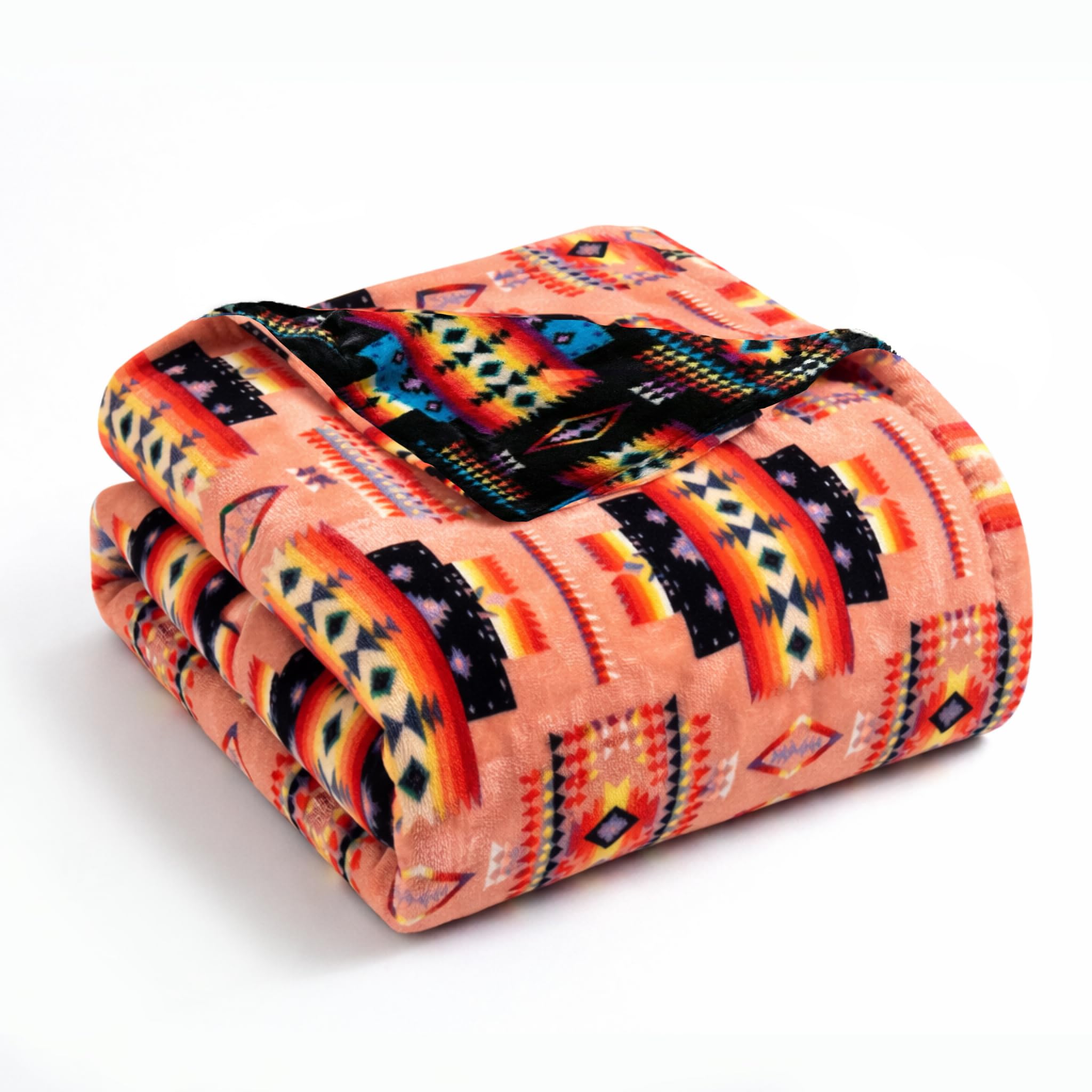 Sacred Thread Aztec Blanket Fleece, Reversible Native American Blanket, Western Throw, Native American Western (Peach Flannel), Queen (79”x95”)