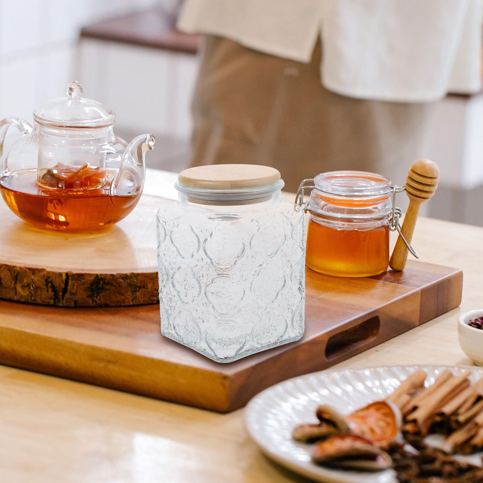 KICHOUSE Tarros de Vidrio Tapa de Bambú para Almacenar Alimentos Secos y Dulces, Diseño Transparente Resistente y Capacidad de 750ml, Adecuado para Cocina en Casa o Restaurante