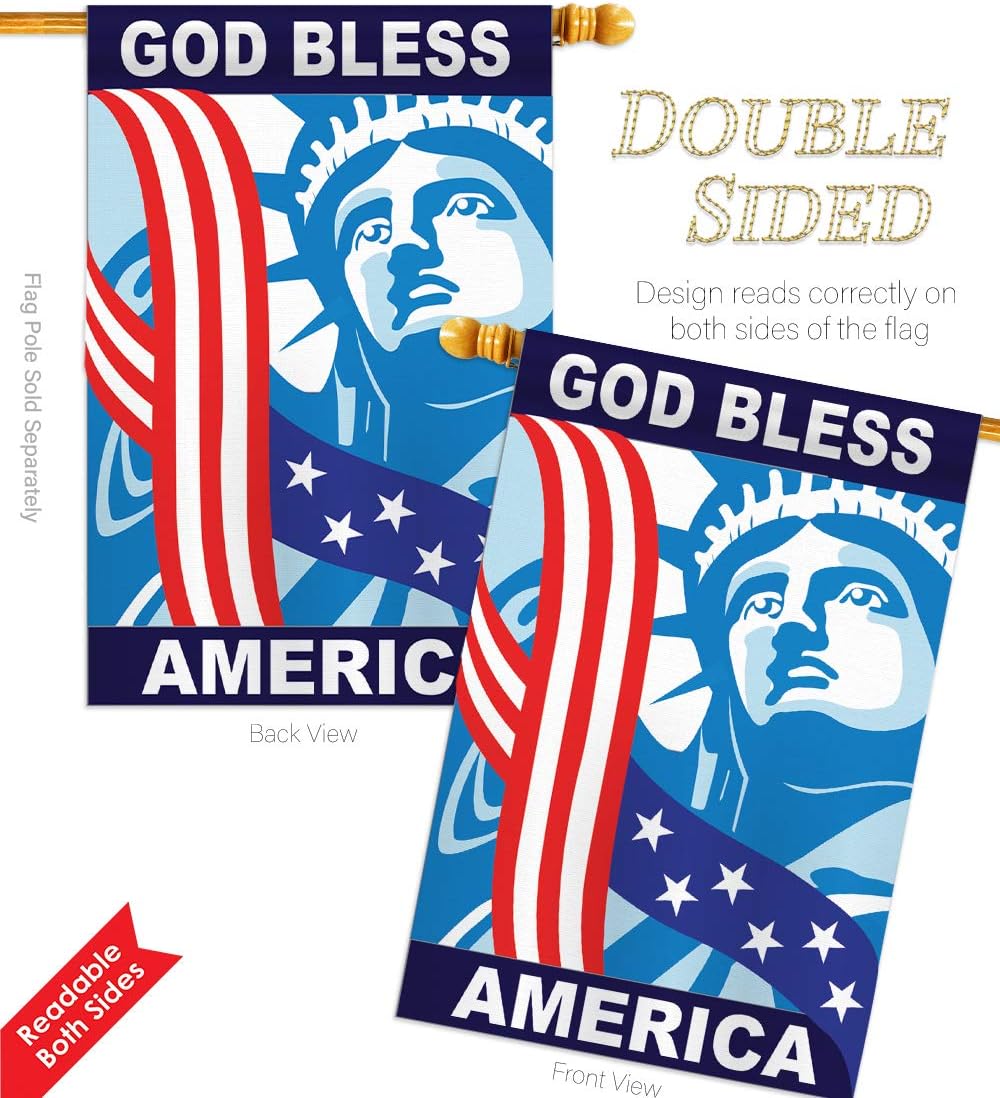 Two Group HS111046-P2-02 God Bless America Americana Patriotic Applique Decorative Vertical 28" x 44" Double Sided House Flag Set Aluminum Pole & Bracket Hardware