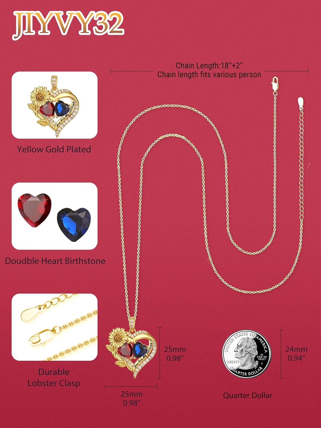 Sunflower Heart Necklace for Women 14K Gold Exquisite Valentines Day Anniversary Birthday Gifts for Wife Mother Her Double Birthstone Pendant Jewelry‘You Are My Sunshine’ - Image 2