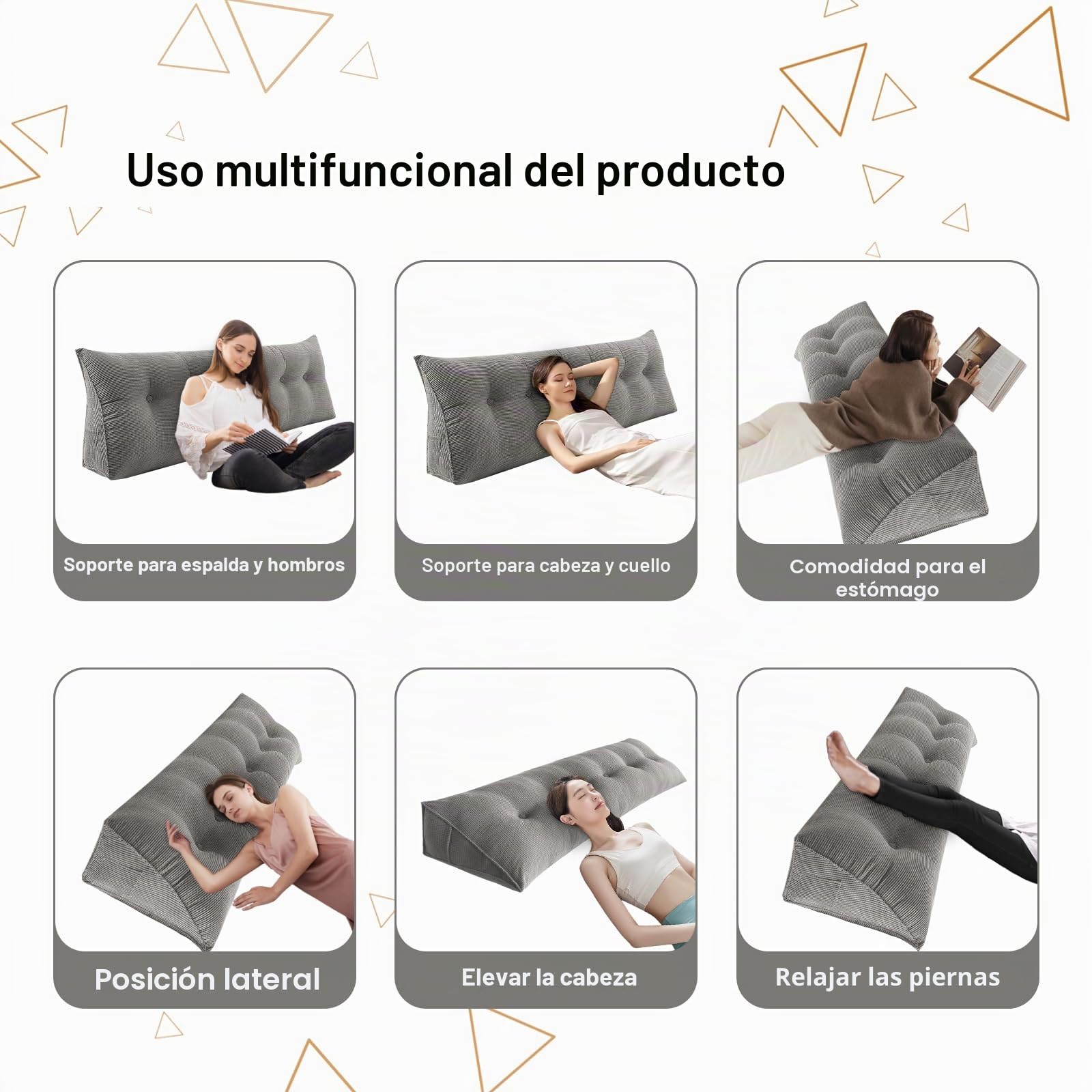 HUOLE - Cojín de apoyo para la espalda, gran cojín triangular para sofá y cama, respaldo y cabecero con funda extraíble y lavable, práctico bolsillo lateral, 180 x 50 x 20 cm, color gris