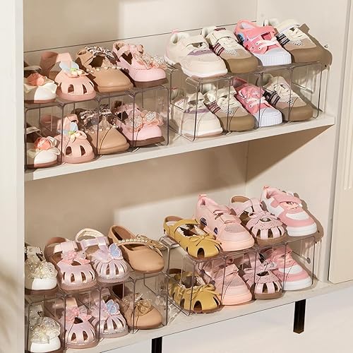 Miniatura 4 de Paquete de 2 zapateros de acrílico transparente para niños para organizadores y almacenamiento, pequeño zapatero transparente de 4 secciones para