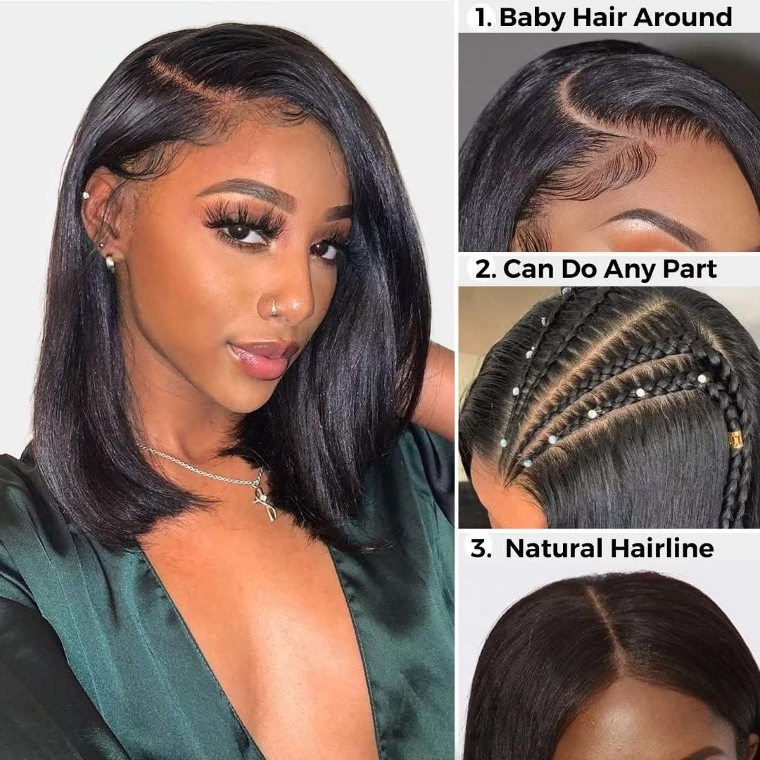 4X4 Bob Human Hair Wig 100% Echthaar Perücke Straight Lace Front Wigs Glueless Wig Human Hair Perücke Damen Echthaar for Black Women 180% Density 10 Zoll (26cm)