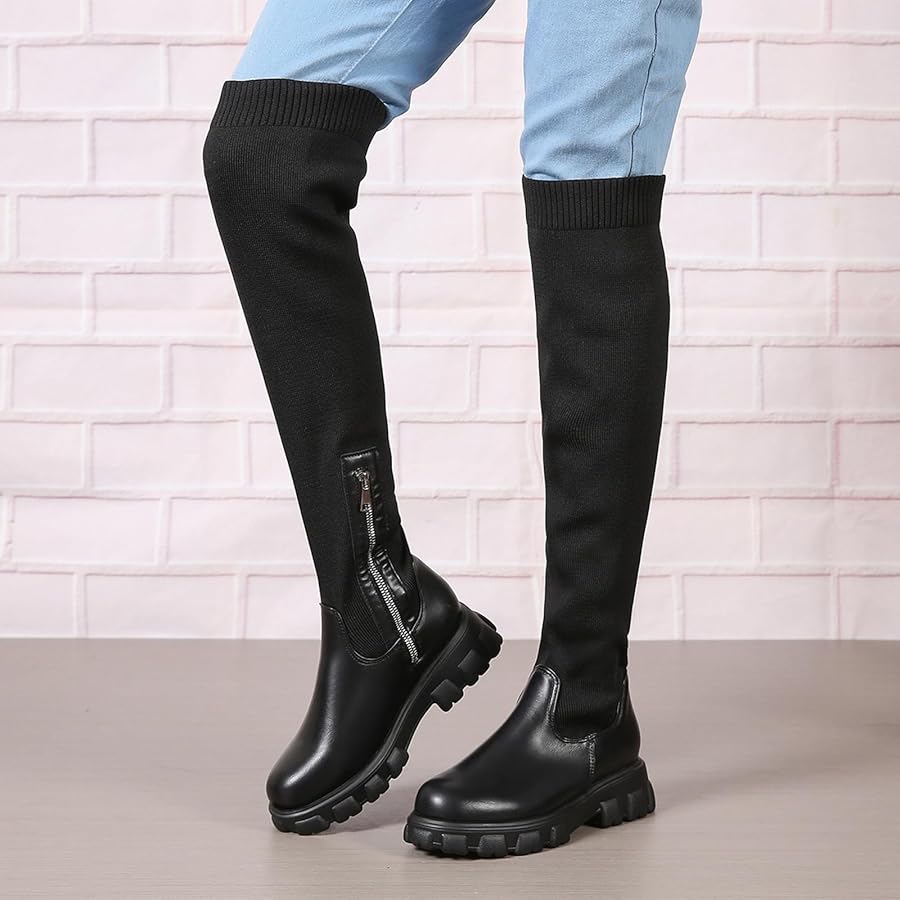 SLY ブーツ TANK SOLE KNEE HIGH BOOTS Juebong Women's Knee High Combat Boots, Lace Up Gothic