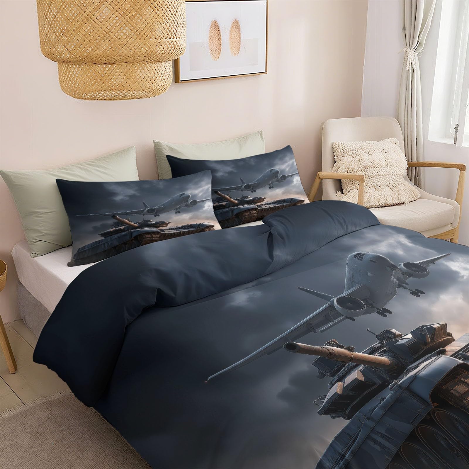 Komplet pościeli wojskowej, kamuflaż, pancerz, bojowy jet 240 x 220 cm, poszewka na kołdrę z miękkiej mikrofibry, ciemnoszara, 3-częściowy z lekko poruszającym się zamkiem błyskawicznym i 2