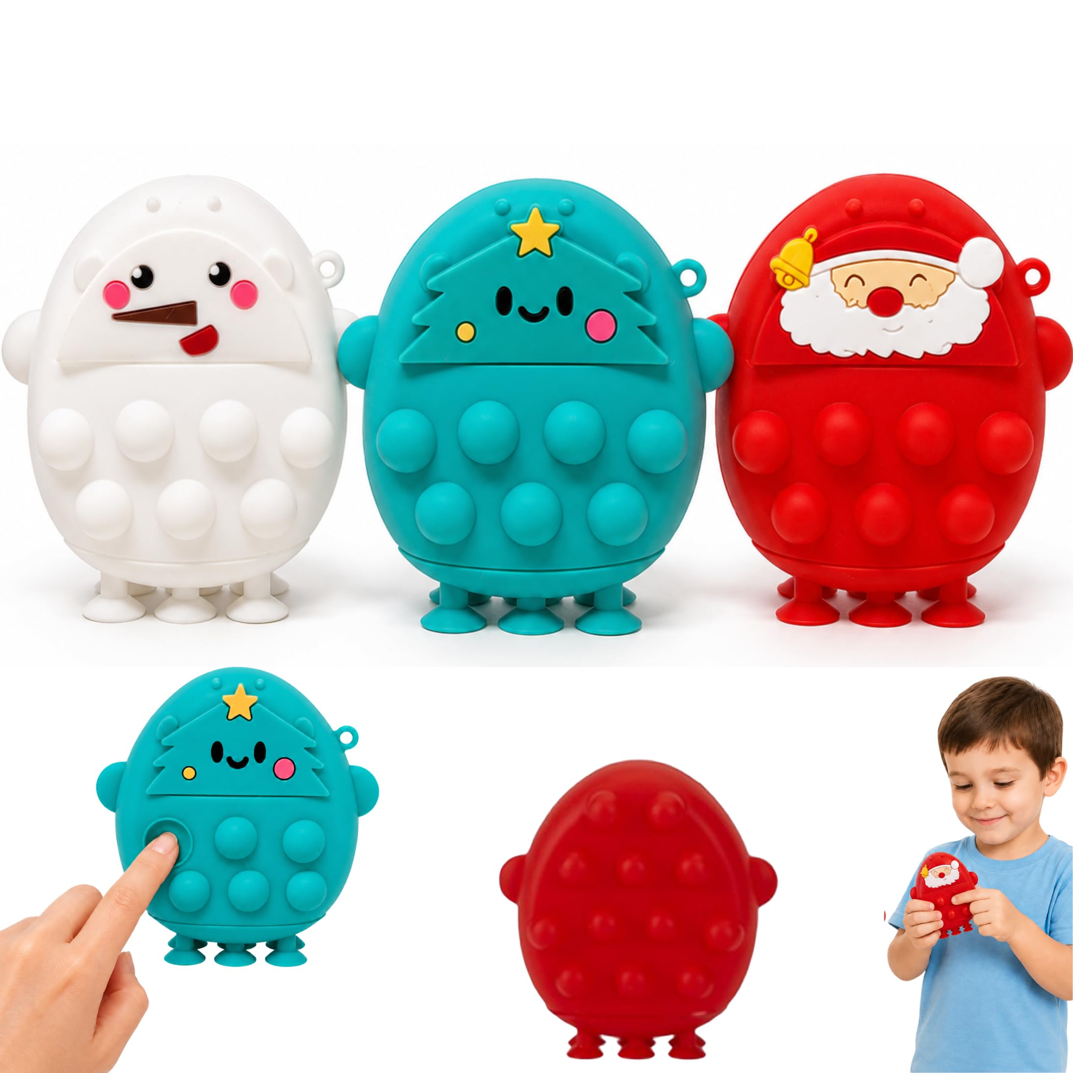 Christmas Pop It Bubble Character Fidget Toy 1x Random Festive Design, 8cm Santa, Snowman or Tree Silicone Sensory Toy with Suction Cup Feet, Stocking Filler Party Bag Gift for Kids 3+