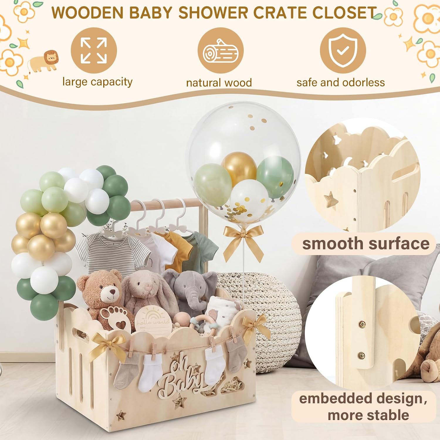 Wooden Baby Shower Crate Closet with Handle and Balloons Large Capacity Baby Shower Basket Newborn Welcome Gifts Storage Box Gifts Easy Assembly Baskets for Newborn Parents(Green,Hollow)
