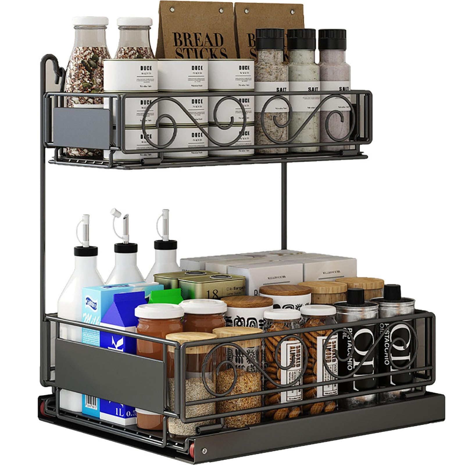ELZEM Organizador Bajo Fregadero Cocina, Metal 2 Niveles Organizador Extraíble Estante Almacenamiento Debajo Fregadero Forma L, Estante Almacenamiento Integrado Multifuncional Fácil Montar A