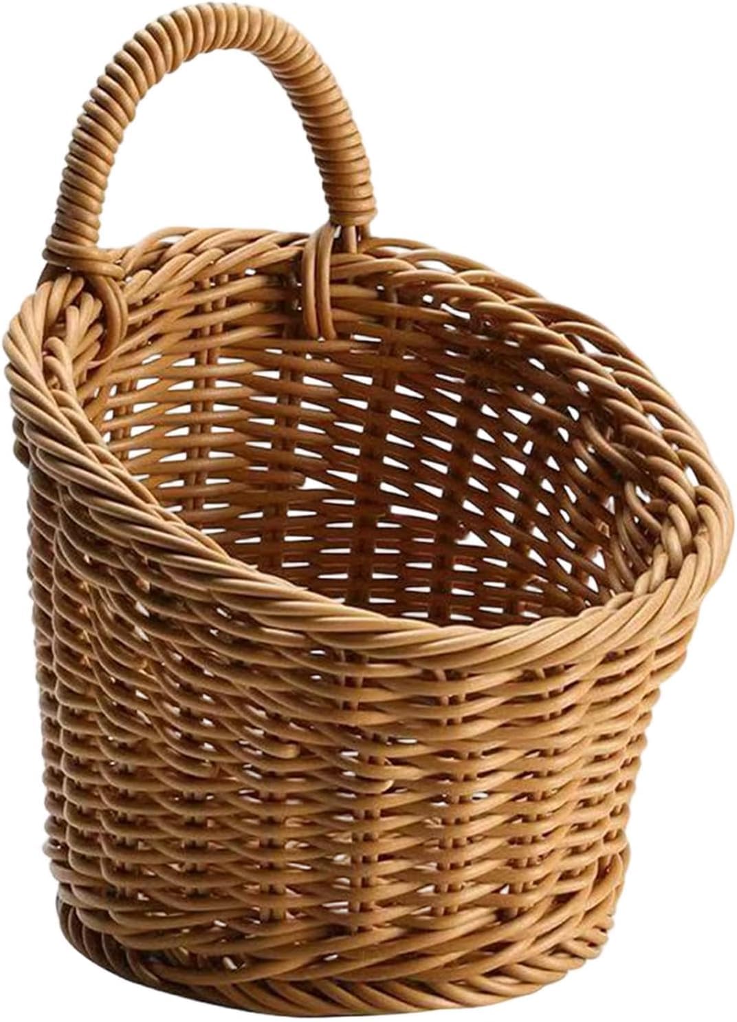 Imitation Rattan Woven Hanging Wall Basket Potato Garlic Onion Storage Basket, Wall Decorative Storage Basket Plastic Wicker Basket with Handle for Kitchen Fruits Vegetables - M