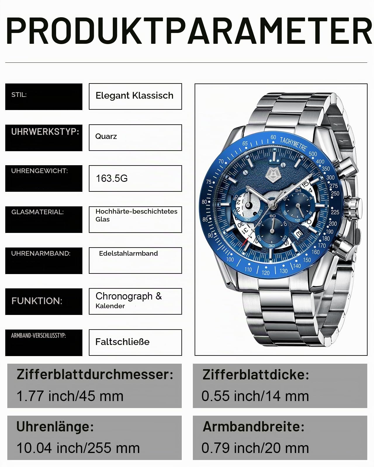 MEGALITH Armbanduhr Herren Edelstahl Herrenuhr Groß Uhren Herren Chronograph Analog Quarz Männer Uhr Kleid Wasserdicht 3ATM mit Kalender Business Casual