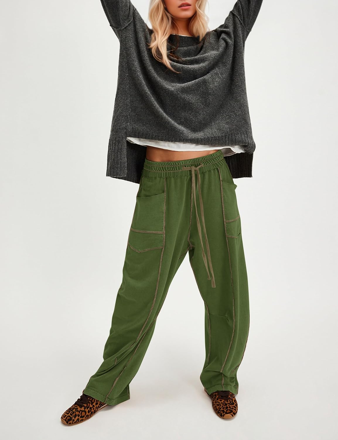 Wide Leg Barrel Sweatpants for Women Baggy Palazzo Pants Drawstring High Waist Color Block Lounge Sweat Pant