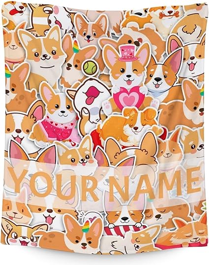 Personalized Corgi Blanket Gifts with Name - 40"x50" Cute Throw for Adults, Kids - Colorful Soft Fuzzy Blankets for Bed, Couch & Living Room