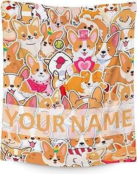 Personalized Corgi Blanket Gifts with Name - 40"x50" Cute Throw for Adults, Kids - Colorful Soft Fuzzy Blankets for Bed, Couch & Living Room