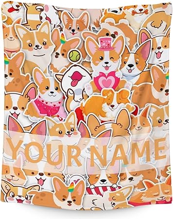 Personalized Corgi Blanket Gifts with Name - 40"x50" Cute Throw for Adults, Kids - Colorful Soft Fuzzy Blankets for Bed, Couch & Living Room