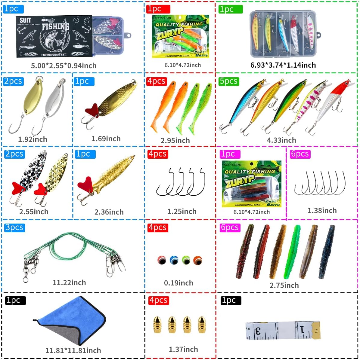 Fishing Gift Lures kit, Fishing Bait Kit for Bass Trout Salmon, Included Hard Bait,Spoon, Hooks, Soft Plastic Worms Other Accessories, Birthday and Valentine's Day Fishing Gear Gifts