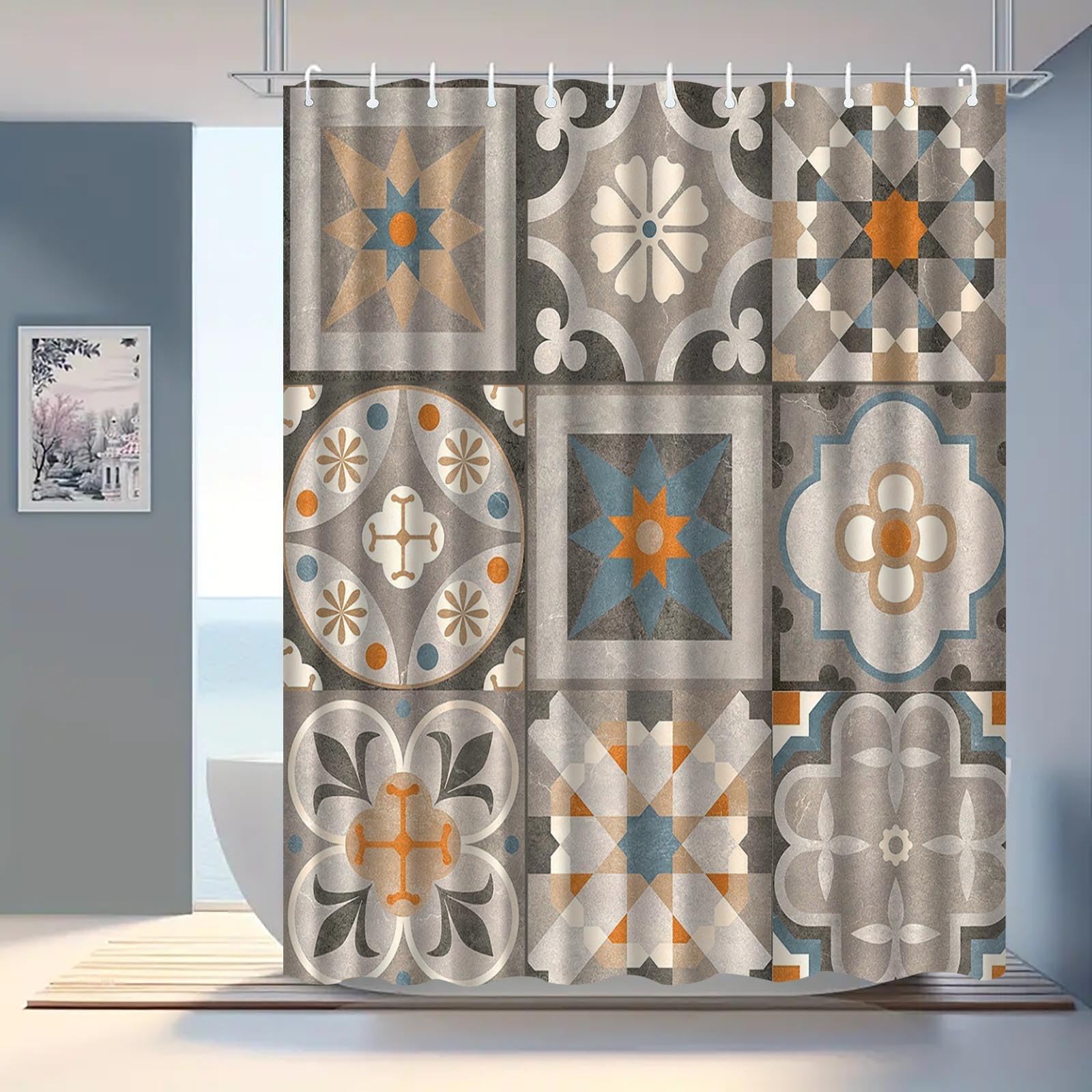 Shfdjtl Grey Shower Curtain Retro Moroccan Bathroom Curtains Polyster Fabric Wet Room Mould Proof Resistant Waterproof Garden With 12 Hooks For Bath Tub Shower Stall (180X180cm)
