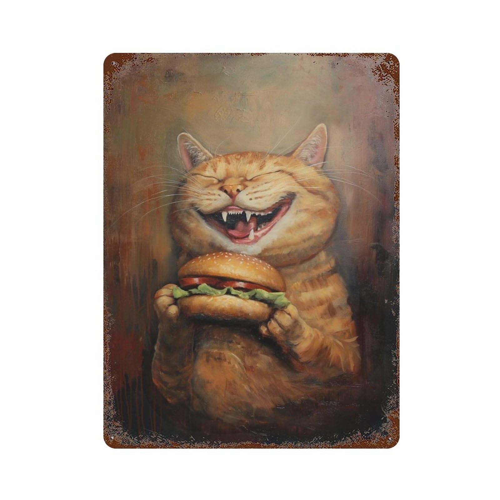Hilarious Cat Hamburger 15.7"x11.8" Distressed Metal Wall Sign, Shabby Chic Decor for Office, Studio And Wall Decor