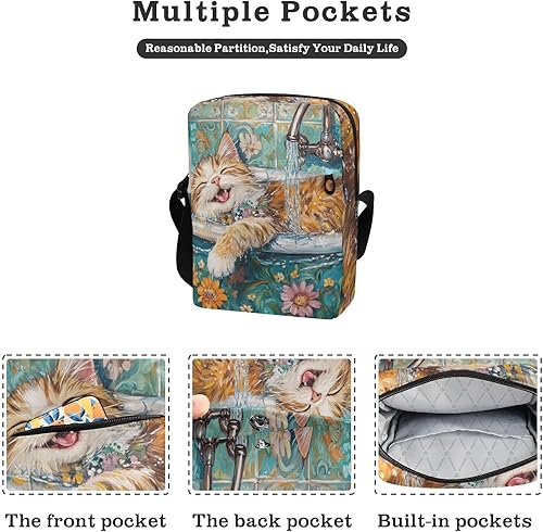 Miniatura 2 de Cartoon Cute Bathing Cat Vintage Bathtub messenger bags cross body bag for woman Casual Womens Purse Shoulder Handbag For Travel Adjustable Strap