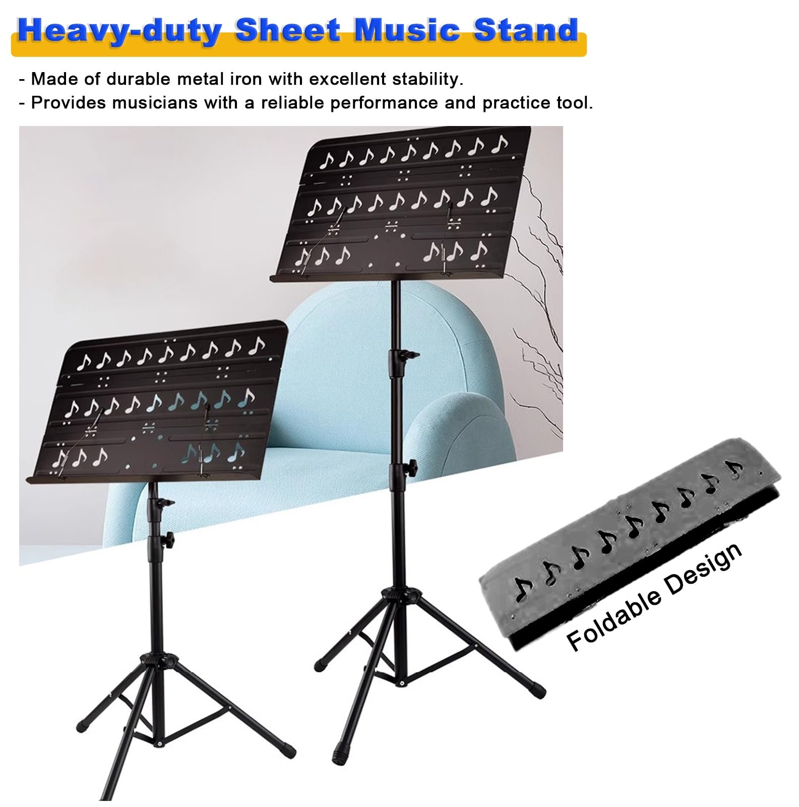 Soporte para partituras con bolsa de transporte, plegable, de metal, con diseño de notas musicales, estantes compactos para banda y viajes, opción de color azul y negro
