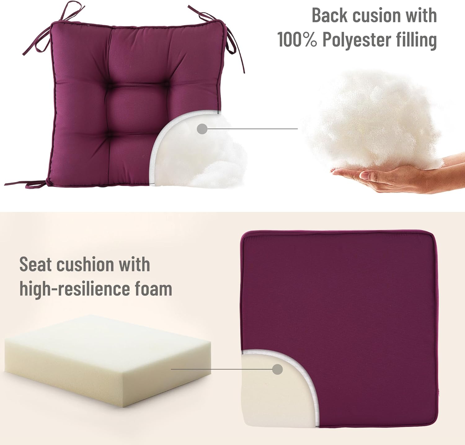 Deep Seat Cushions for Outdoor Furniture,Set of 2,Extra Thick:24"x24"x4",Tufted Low Back 22"x24"x6", Double Piping Removable Patio Chair Cushions with Ties,Plum