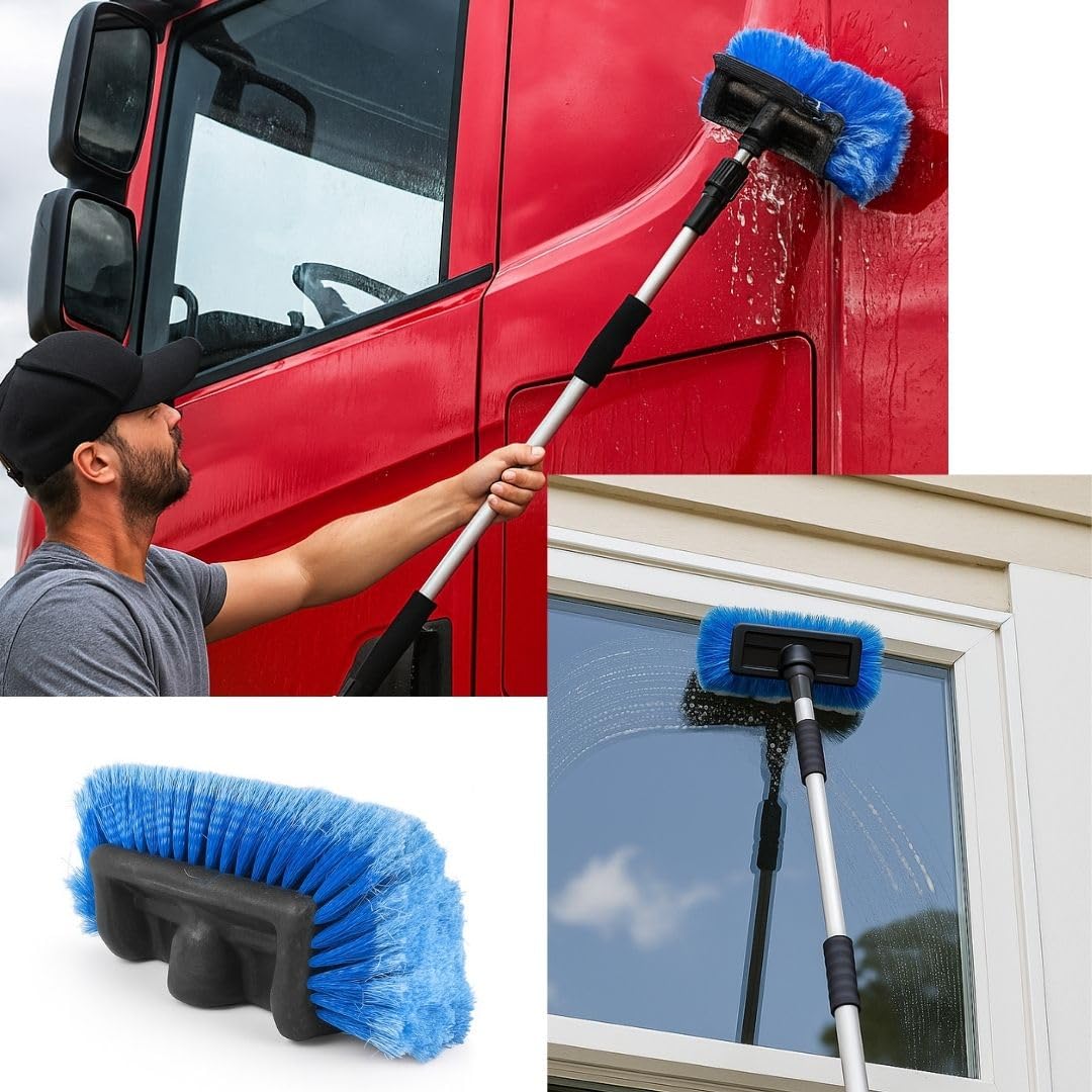 Autowaschbürste mit Teleskopstiel von 150-250 cm mit Wasseranschluss – Profi Waschbürste mit 4-Seiten-Kopf, weichen Borsten, Durchflussregulierung – ideal für LKW, Transporter, Haus & Garten