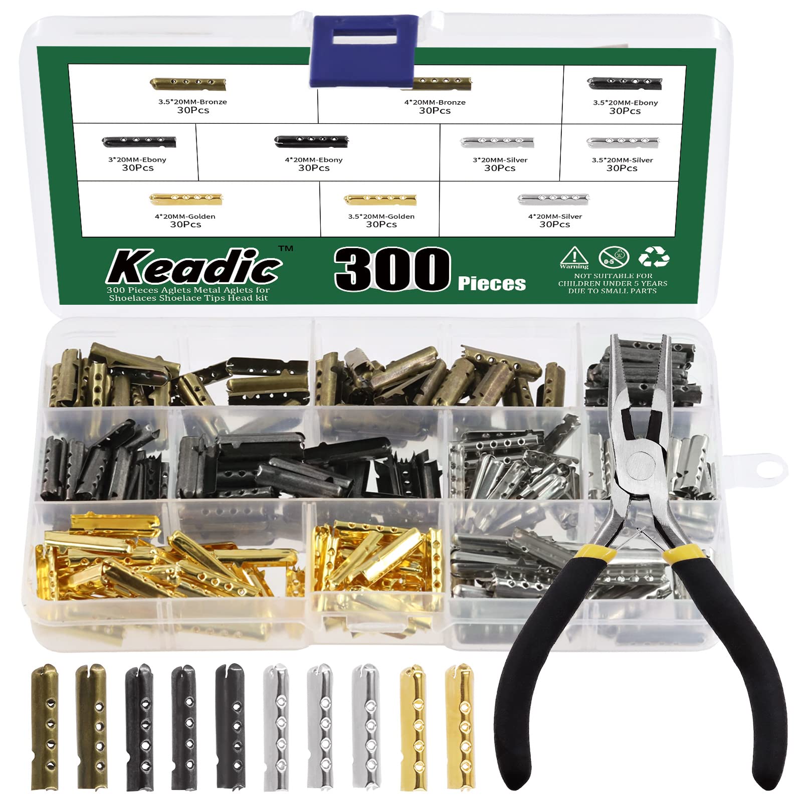 301 Pcs Metal Shoelaces Tips Head Assorted Set with Flat Nose Pliers Kit, Silver/Gold/Gun black/Bronze 4 Holes Bullet Shaped Aglet Tips Shoe lace Ends Replacement for Sneakers Canvas DIY（20mm）