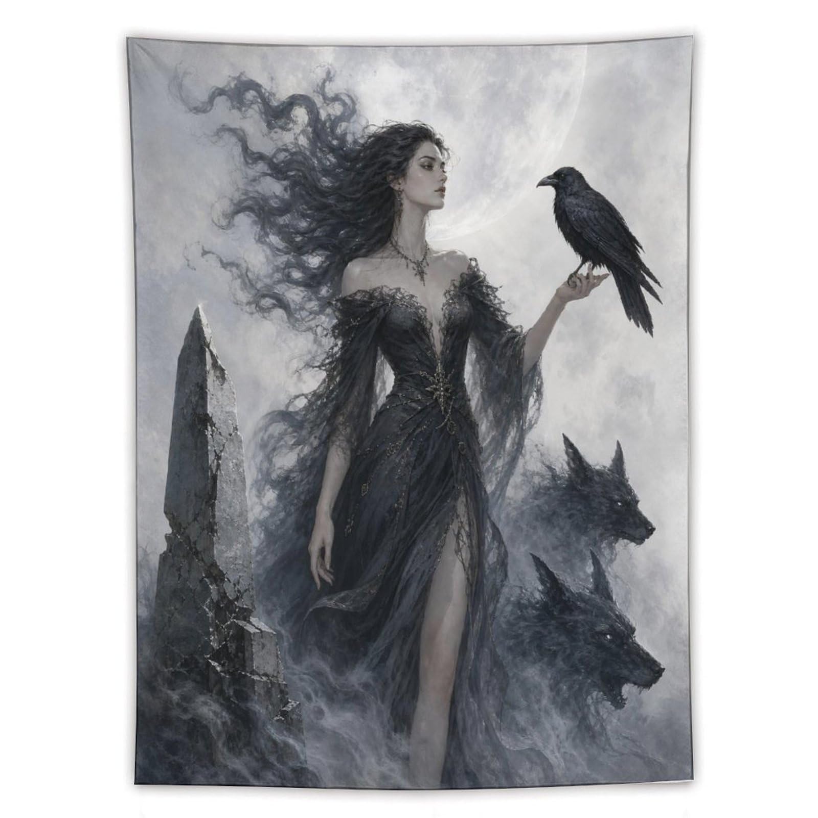 H3B8U2Y5 Raven Witch with Black Dress Wall Tapestry, Fantasy Illustration