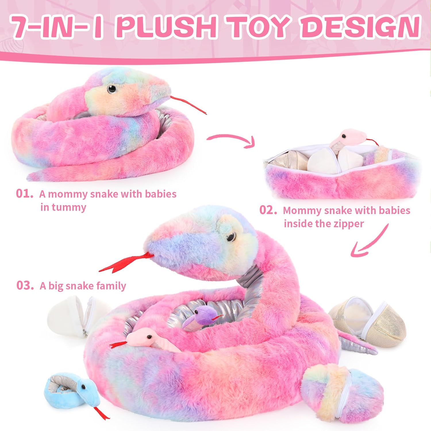 MaoGoLan 7Pcs Rainbow Snake Toys Stuffed Animals Bulk, Giant Plush Snake Mommy with 3 Babies & 3 Eggs Inside, Long Snake Plush Boa Constrictor for Kids Gifts Halloween Prank Props - Image 3