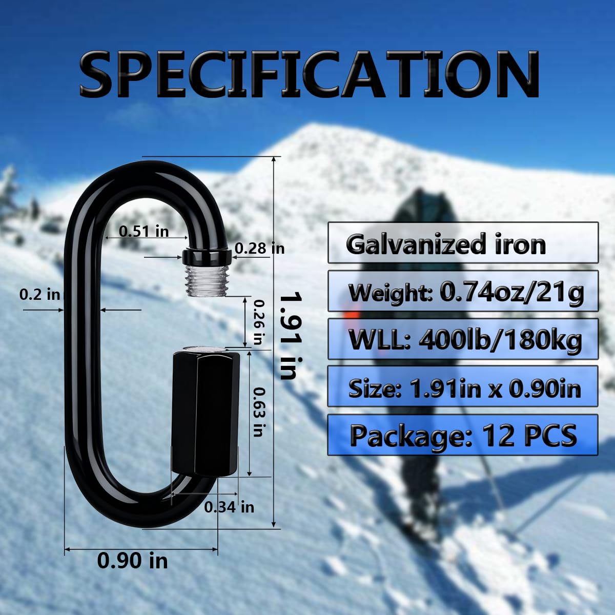 Connecteur de chaîne noir très résistant, clips ovales à vis avec revêtement antirouille pour une utilisation sûre en extérieur et en intérieur en camping, hamacs, salle de sport (M5 (5 cm