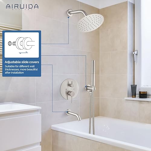 Miniatura 4 de Airuida Juego de sistema de ducha redondo con boquilla de bañera, montaje en pared, juego de grifo de ducha de lluvia de 3 funciones, 2 funciones