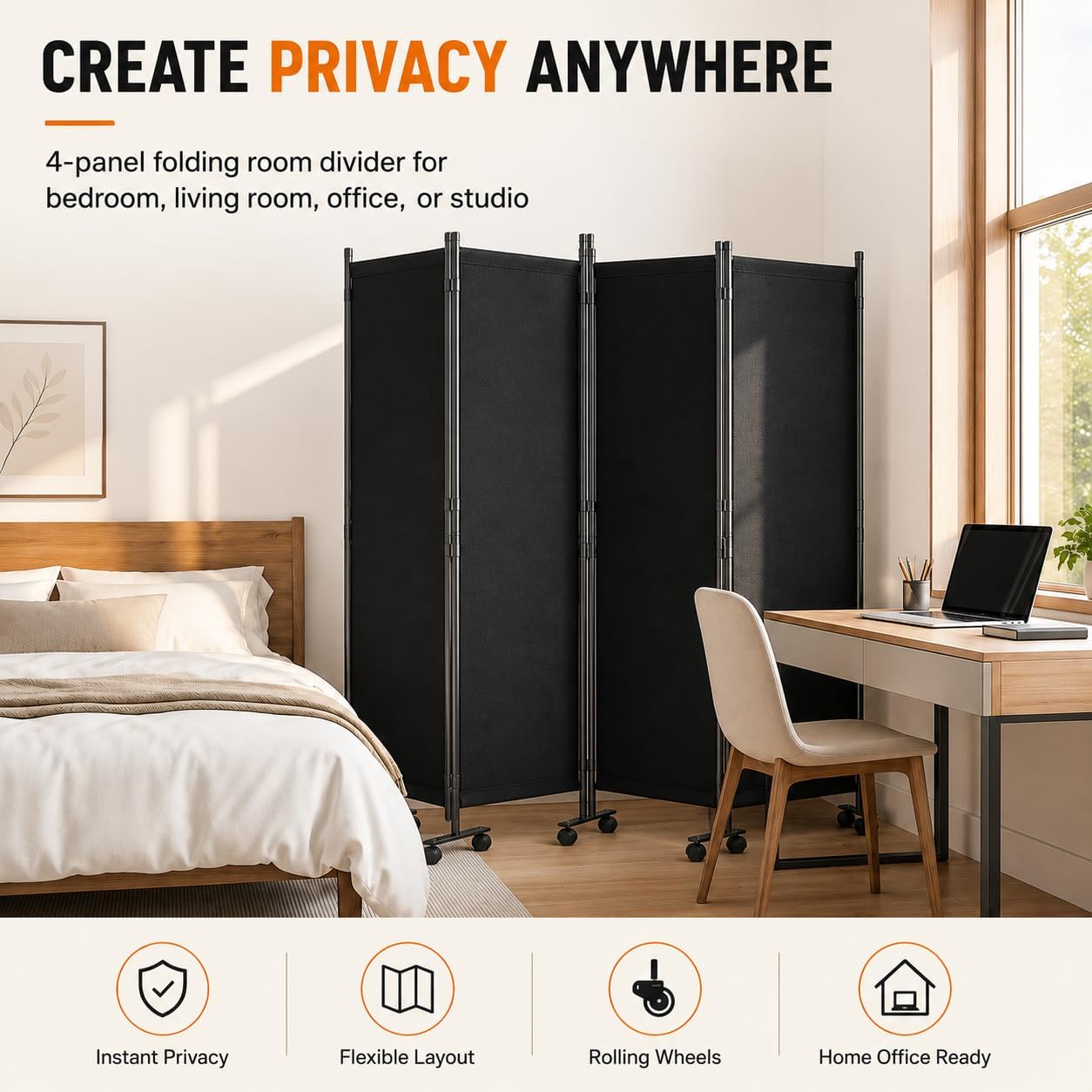 Room Divider, 4-Panel Folding Privacy Screenwith Locking Wheels Wide Feet, PortablePortable with Opaque Canvas and PrivacyStrips Rolling Partition Wall for BedroomOffice Studio Dorm Room
