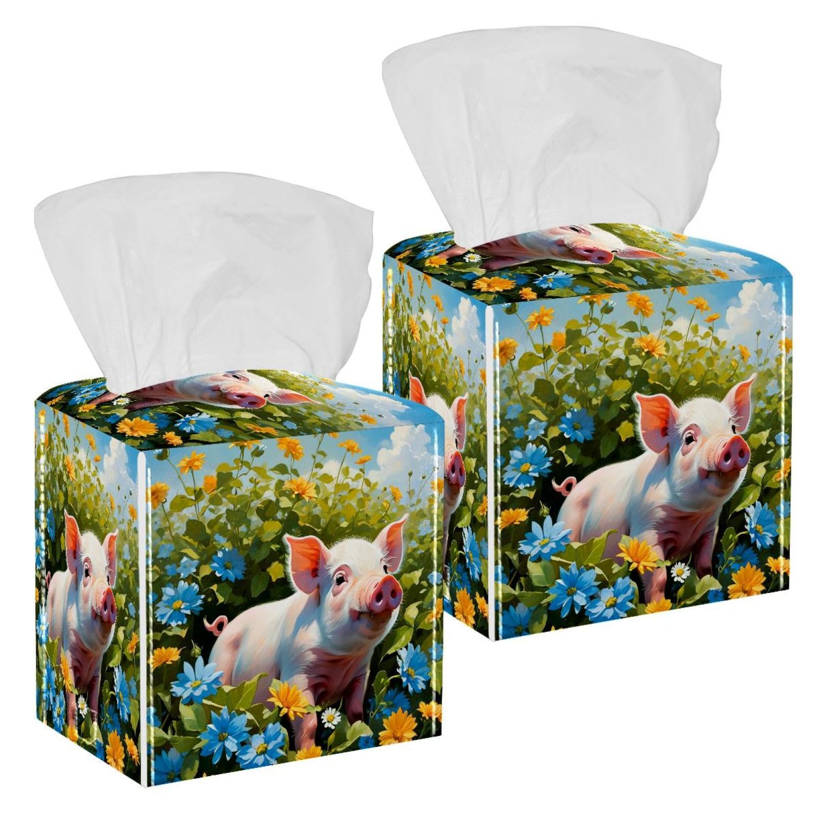 Cute Pig Tissue Box Cover, 2 Pack PU Leather Square Facial Tissue Dispenser Box holder for Home Office Car