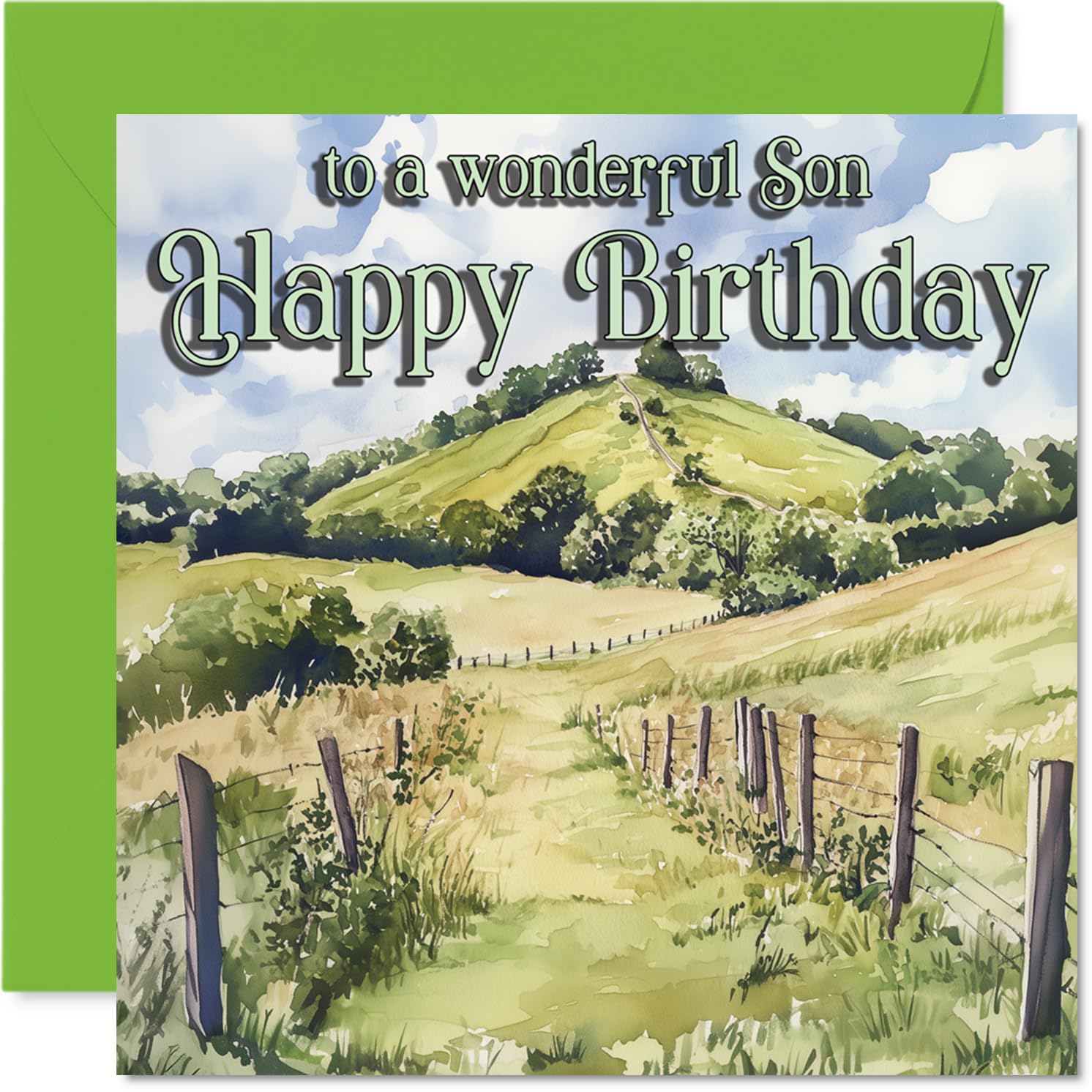 Heartfelt Birthday Card for Son - Celebrate His Big Day with a Serene Landscape Scene - Rolling Hills and Bright Sky Motif - 145mm Square, Envelope Included