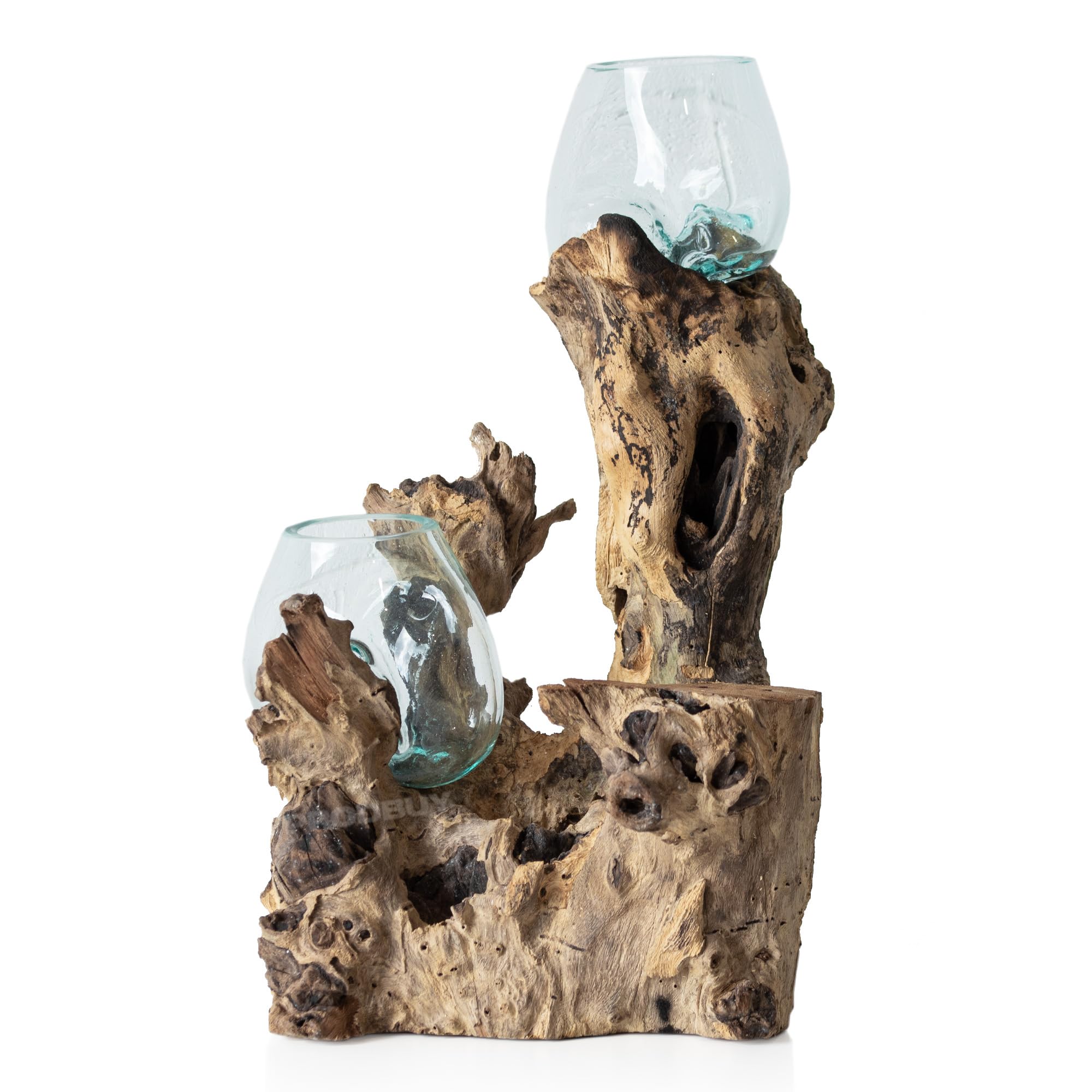 Molten Glass Vases on Large Teak Root Wooden Base 40cm