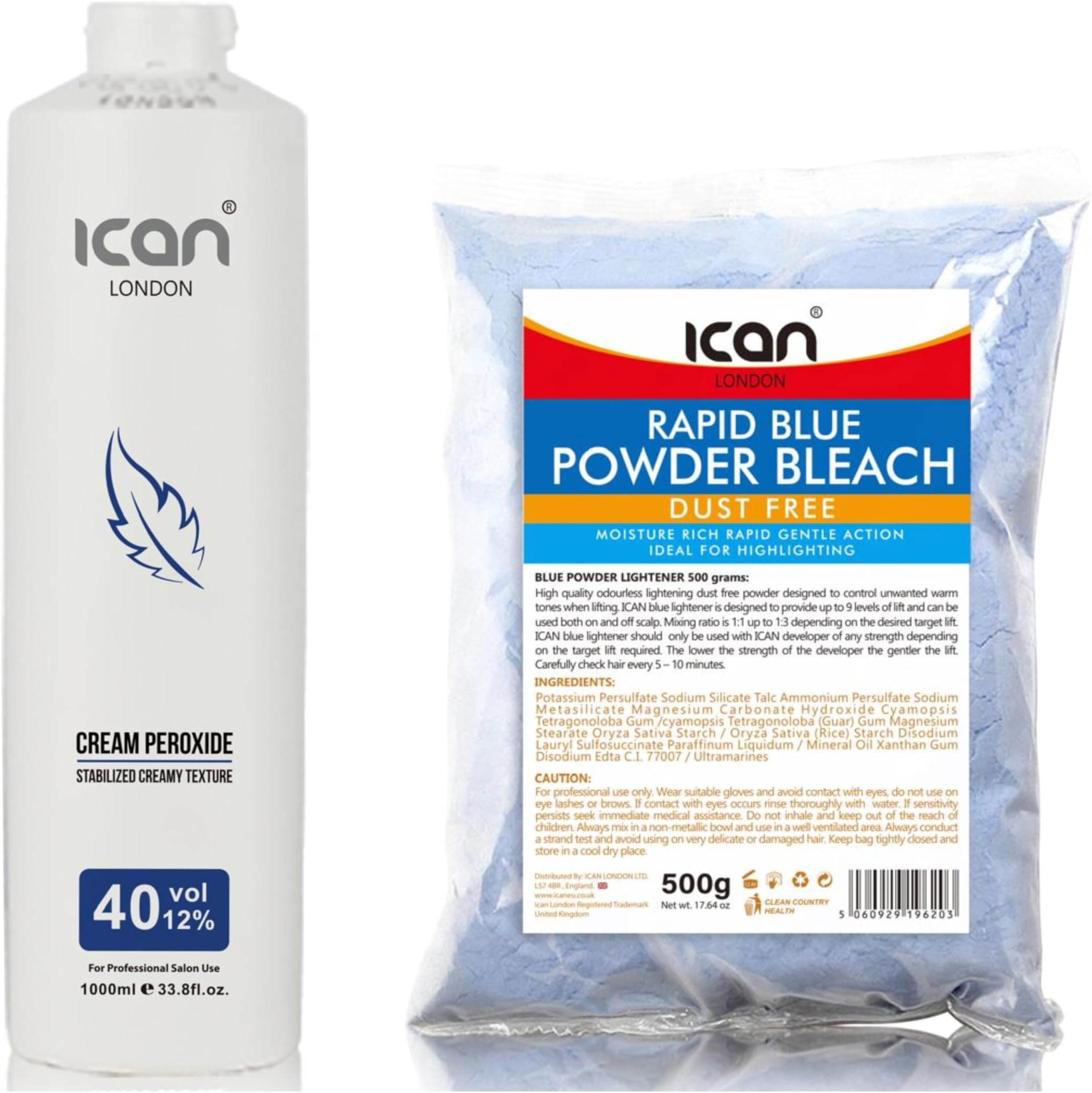 PROFESSIONAL CREAM PEROXIDE 40 VOL 12% 1000 ML + RAPID BLUE POWDER BLEACH 500 G COMBO SET