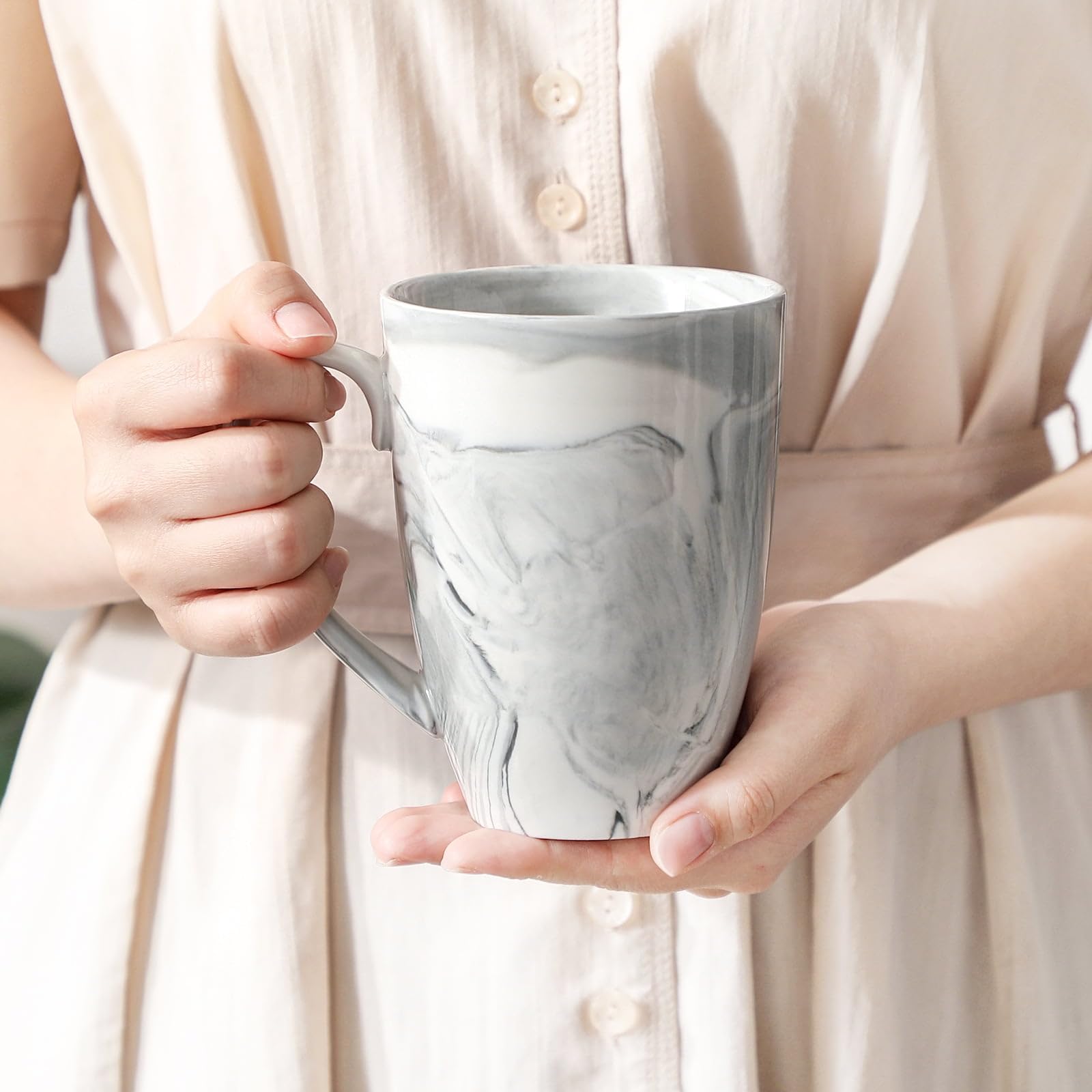 Zestaw 6 kubków do kawy, 473 ml, duży porcelanowy kubek, ceramiczne filiżanki do herbaty z uchwytem, nadają się do mycia w zmywarce i kuchenki mikrofalowej, szare