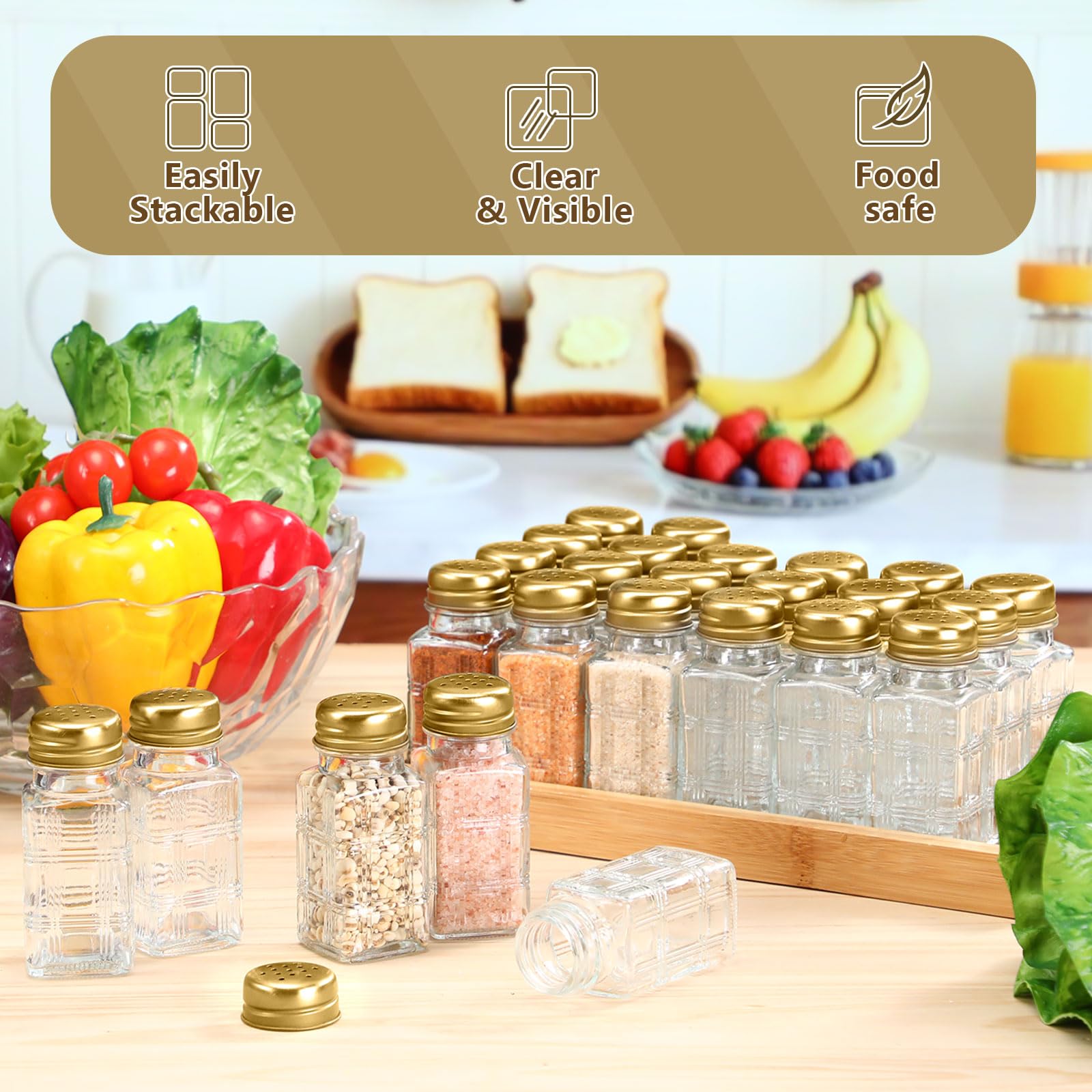Bokon Salzstreuer aus Glas mit Edelstahldeckel, 76,5 ml, kleiner Gewürzstreuer für Küche, Restaurants und Catering, Hochzeit, Partyzubehör (Gold, flaches Gitter), 48 Stück