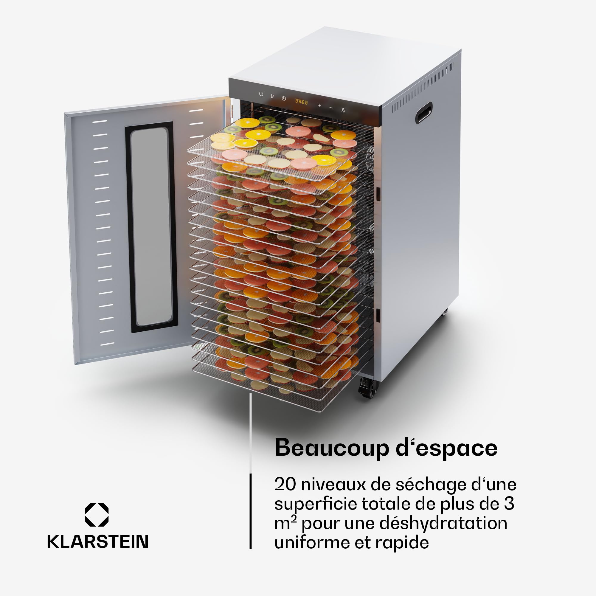 Klarstein Deshidratador De Alimentos, 2000W, 20 Bandejas Acero Inoxidable, 30-90 °C, Temporizador 24h, 3 Ventiladores, 50-55 dB, Ideal Para Frutas, Verduras, Carne y Hierbas, Plateado