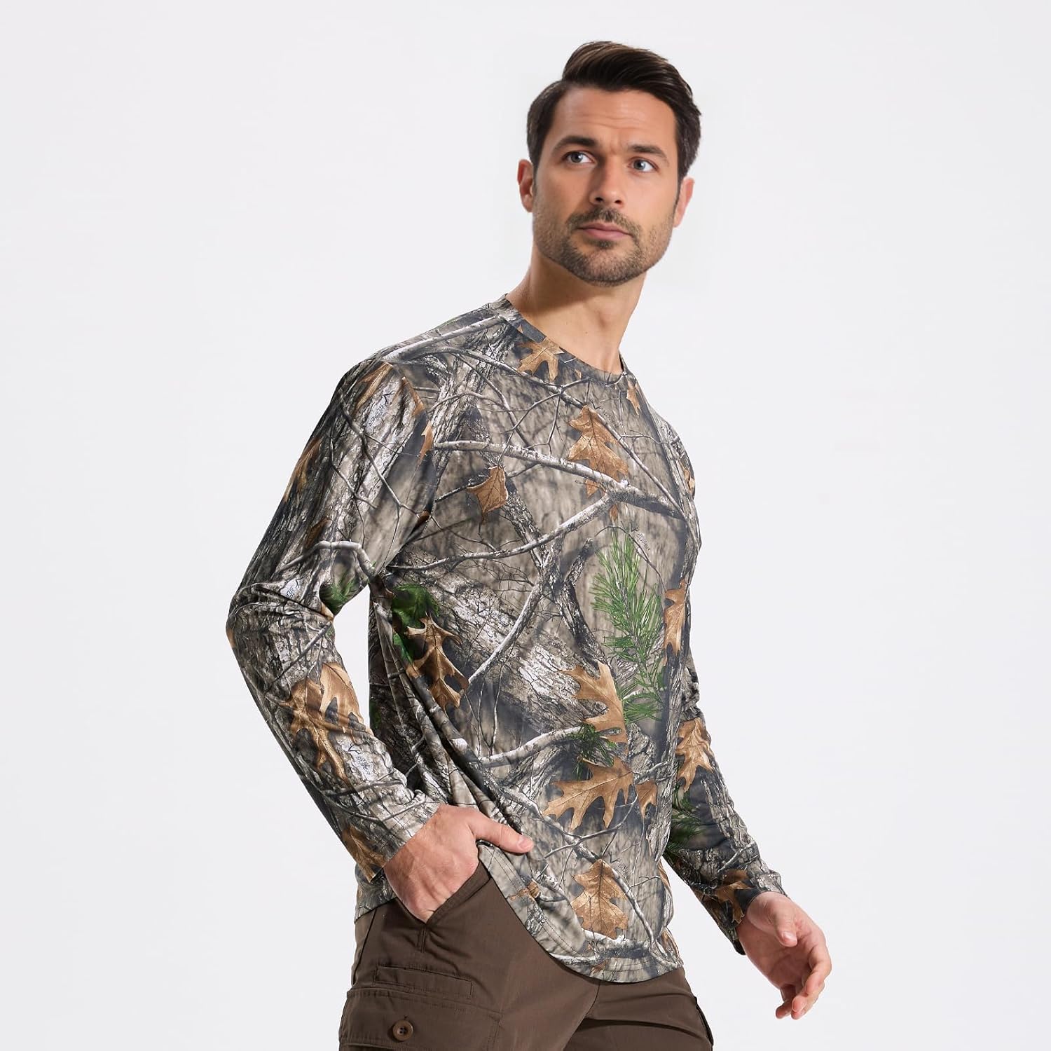 Camo Hunting Shirts for Men Long Sleeves Crewneck Quick Dry UPF 50+ Hiking Fishing Shirt