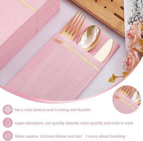 Miniatura 5 de Nervure 175 platos de plástico color oro rosa transparente, platos desechables color rosa y 100 servilletas de papel rosa con bolsillo integrado