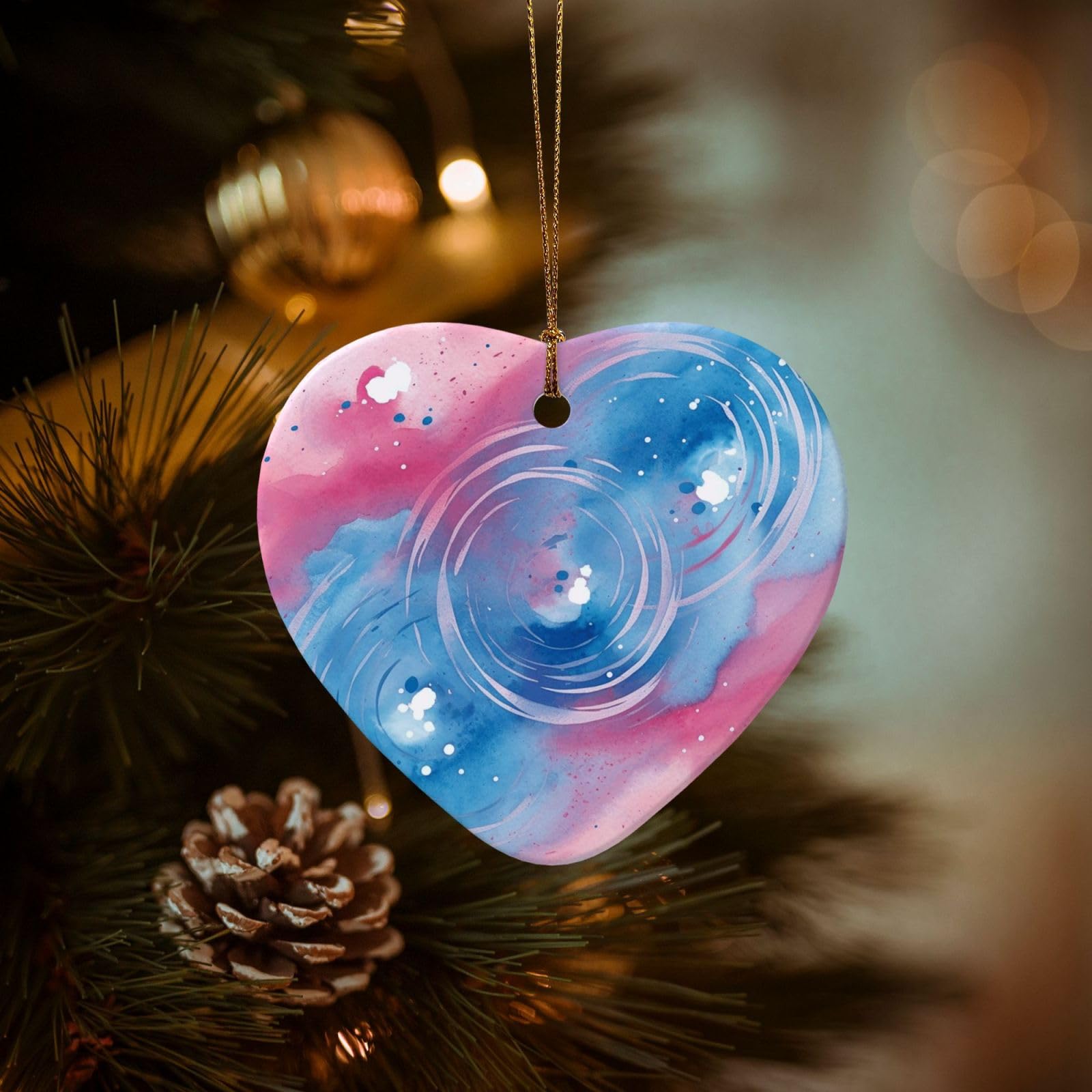 Christmas Tree Ornaments Ceramics Christmas Decorations Blue Swirl Watercolor Ornaments with Gold Ribbon Porcelain Xmas Tree Crafts Heart Shape Hanging Pendant for Christmas Tree Party Decor