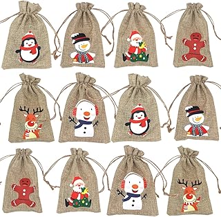 Ewanda store 12 Pcs Christmas Burlap Bags Jute Drawstrings Goodie Bags,3.93 x 5.9 Inches Christmas Linen Bags Treat Candy Bags for Christmas Wedding Party Favors