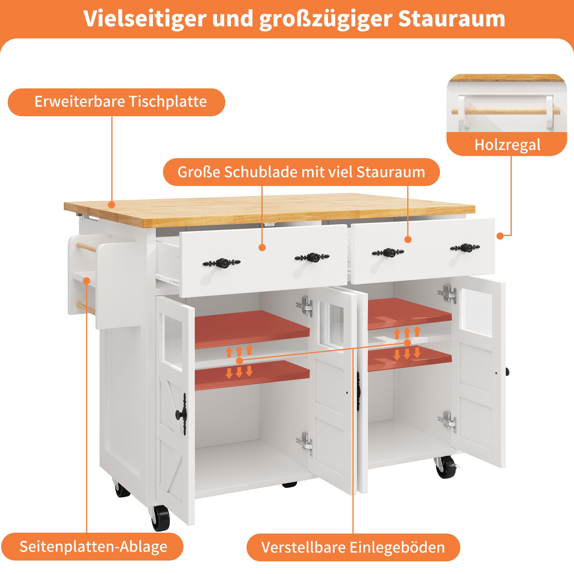 Carrello da cucina con ruote, isola da cucina con piano di lavoro pieghevole, 2 cassetti, 4 ante con finestra in vetro, 1 portasciugamani, 1 portaspezie, 140 x 45 (73) x 93,5 cm, bianco