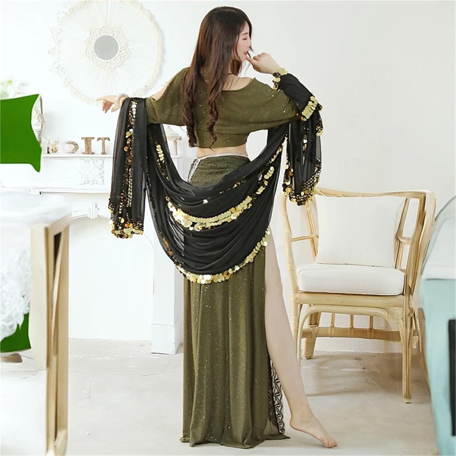 SSDDLZEQ Stage performance version Belly Dance Veil With Sequin Embellishments, Suitable For Stage Performances(Gold)