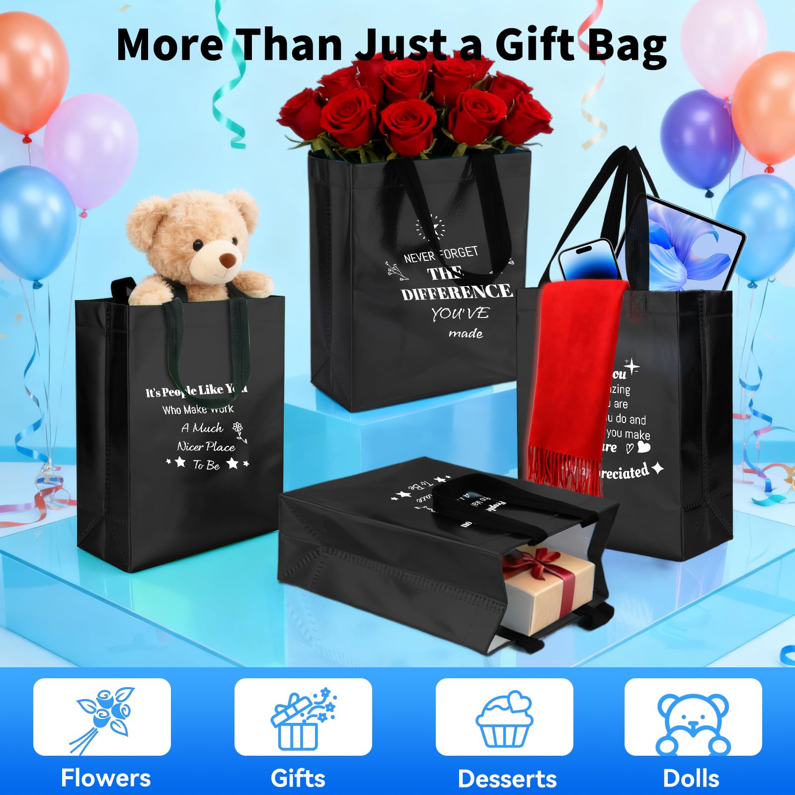 40 Pcs Reusable Gift Bags with Handles - Include 20 Iridescent Gift Bags & 20 Tissue Paper - Employee Appreciation Gifts Bulk for Staff, Team, Coworker, Teachers, Nurse, Thank You Gifts (Black)