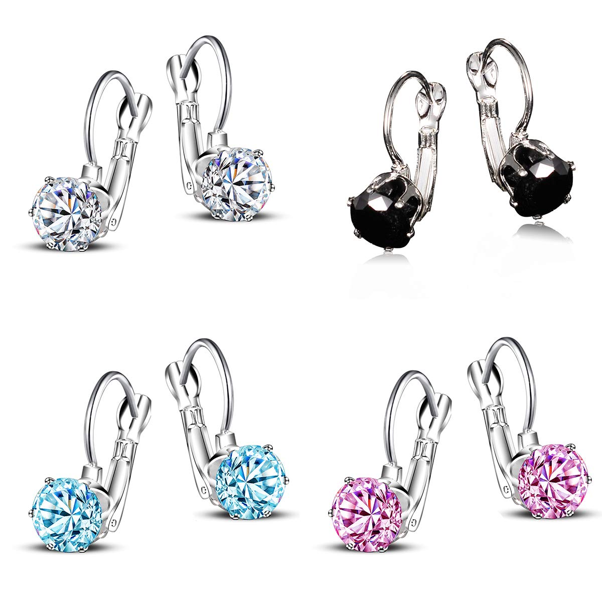 4 Pairs Lever Back Drop Diamond Classic Round CZ White Gold Fairy for Womens and Girls