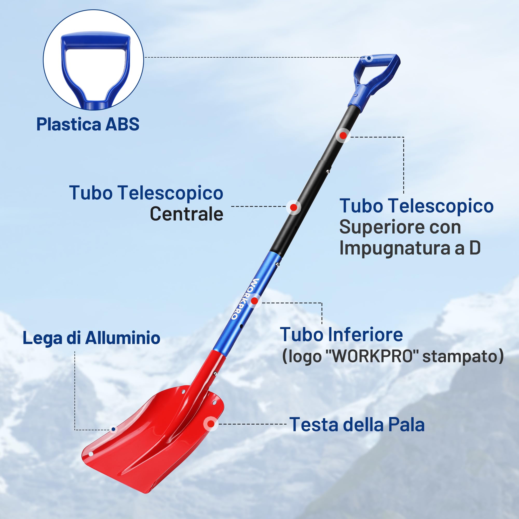 WORKPRO Pala da neve telescopica 66,5-120cm, Pala per la neve portatile staccabile in alluminio con borsa di stoccaggio, Per rimuovere la neve da vialetti, marciapiedi e cortili