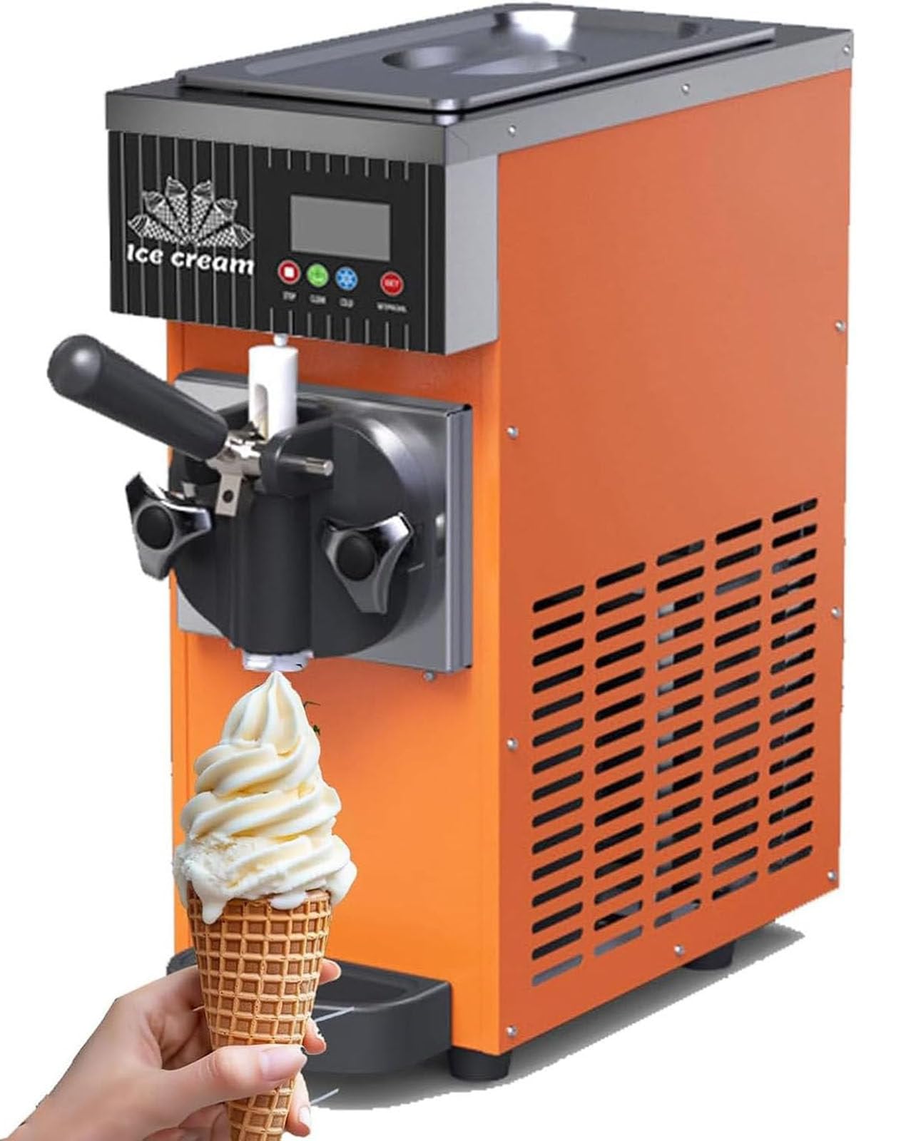 Drmoxin Commercial Soft Serve Maker, Tabletop Ice Cream Freezer with 2.5L Material Tank, One-Touch Auto Clean, Smart LED Panel & adjustable hardness set-tings for Snack Bars & Events Orange