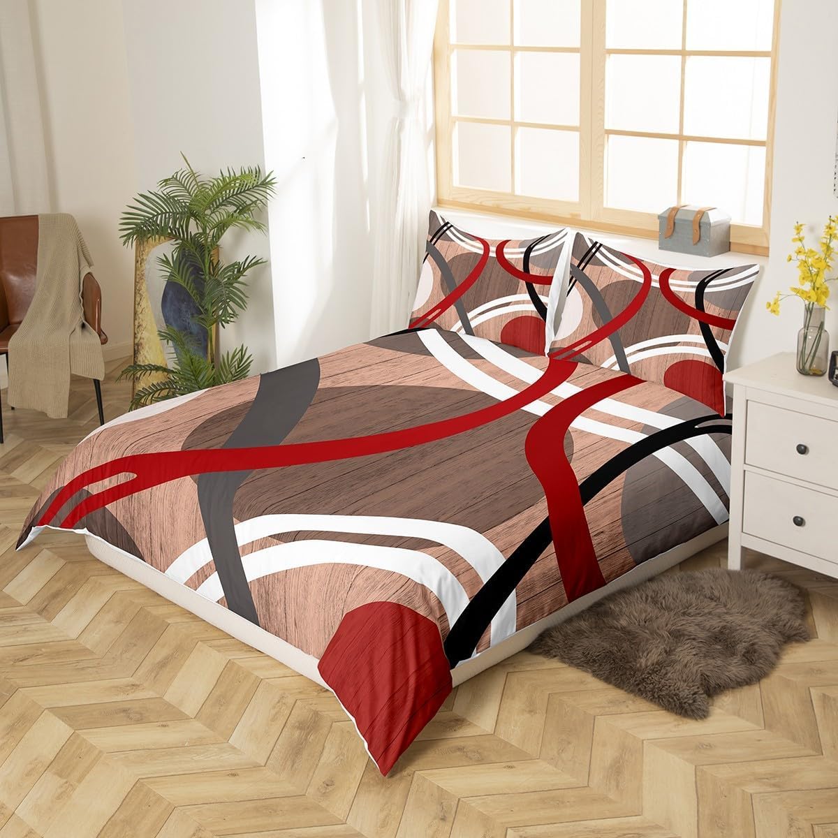 Poszwa na kołdrę 240 x 260 linii geometrycznych zestaw pościeli czerwony biały szary nadruk 3D zestawy poszewek na kołdry z miękkiej mikrofibry z zamkiem błyskawicznym i 2 poszewkami na poduszki B