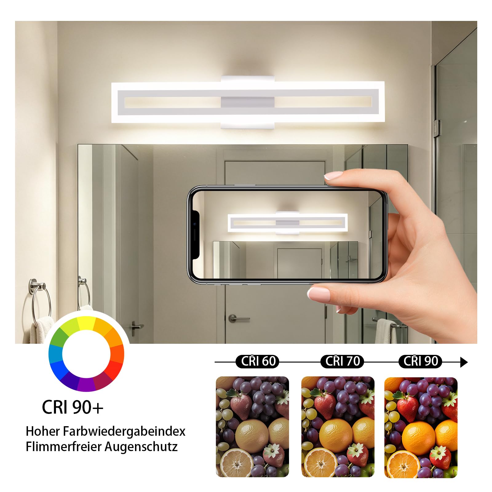 LED Spiegellampe Bad Wandbeleuchtung, 60 cm 20W moderne Wandleuchte, 3 Farbtemperaturen, lineare Wandleuchte für Badezimmer, Schlafzimmer, Flur, Weiß